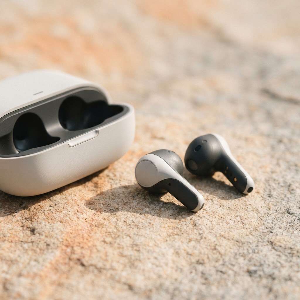 Drift Wireless Earbuds junto a su estuche sobre arenisca