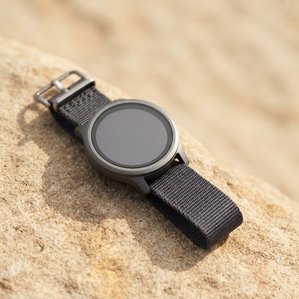 Orbit Smart Watch con correa de tela sobre arenisca