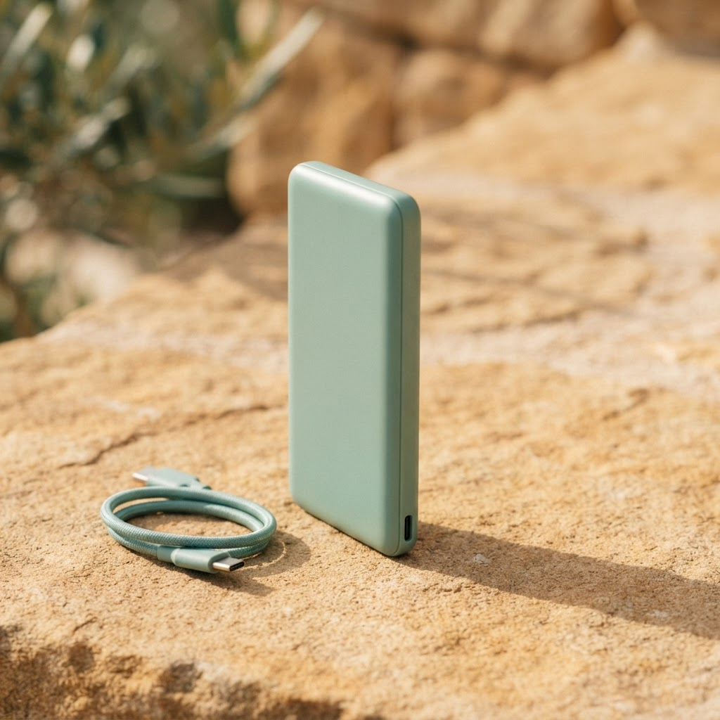 Route Power Bank con cable sobre arenisca